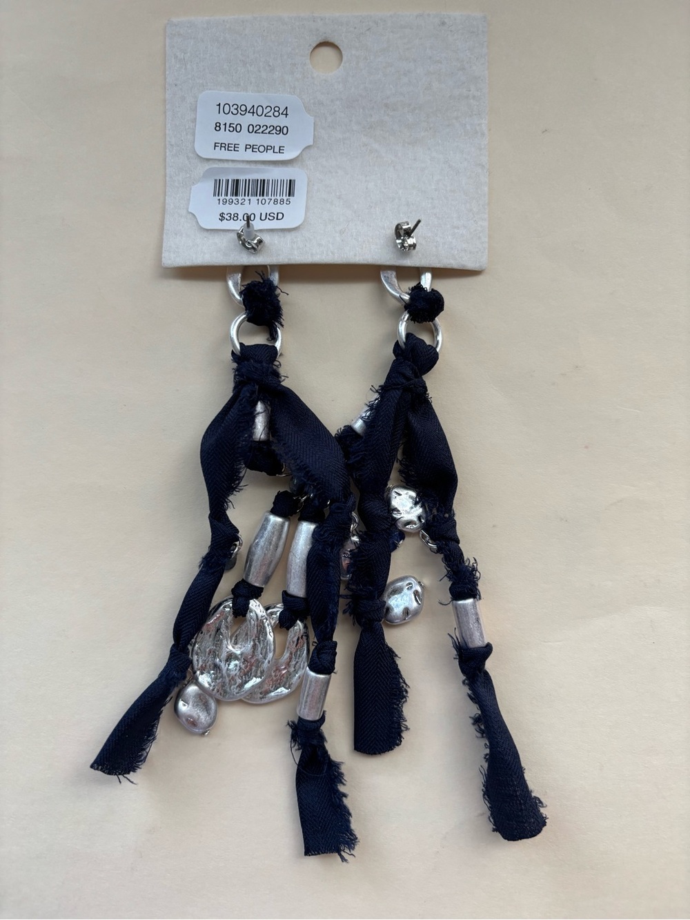 Free People Bohemian Navy Fabric & Silver Charm Drop Earrings, NWT - Picture 3 of 3